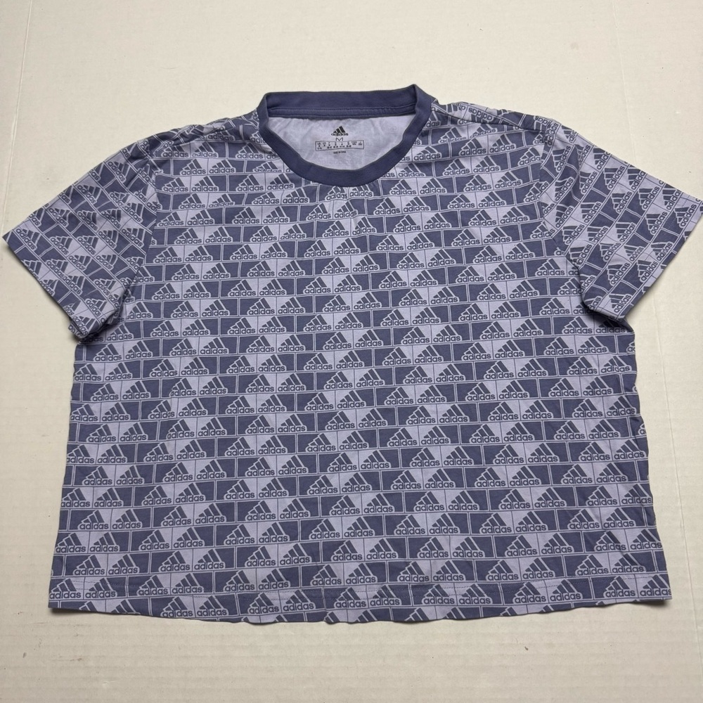 adidas H10239 Brand Love all over print cropped boxy fit t-shirt In Violet